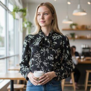 Suzy Shier Black Blouse, White Floral Pattern, Size Medium